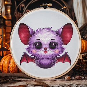 Adorable Halloween Bat Cross Stitch Pattern - Spooky Holiday Decor, digital PDF SAGA, embroidery scheme, modern home decor, cute funny bat