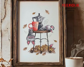 Bat Coffee Time Cross Stitch Pattern – Autumn Cozy Embroidery PDF – Funny Bat & Coffee Design – DIY Fall Season Decor Instant Download