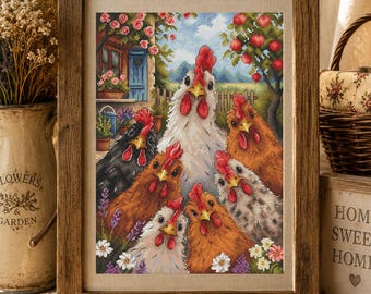 Patrón de punto de cruz de familia de gallinas, diseño de bordado de gallina de granja, gráfico de gallo rústico, casa de campo