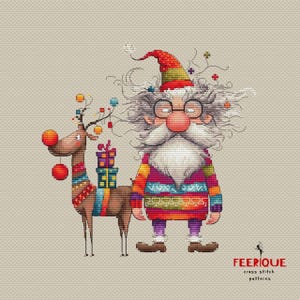 May include: A colorful cross stitch pattern featuring a whimsical Santa Claus with a long white beard and a reindeer carrying presents. The Santa Claus is wearing a red hat, a colorful sweater, and purple pants. The reindeer is brown with red and white accents. The pattern is surrounded by a light beige background.