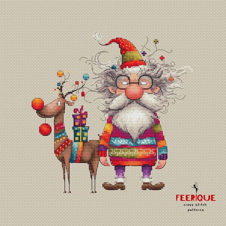 May include: A colorful cross stitch pattern featuring a whimsical Santa Claus with a long white beard and a reindeer carrying presents. The Santa Claus is wearing a red hat, a colorful sweater, and purple pants. The reindeer is brown with red and white accents. The pattern is surrounded by a light beige background.