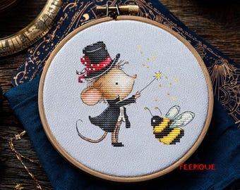 Wizard Mouse Cross Stitch Pattern, Circus Magic Animal Design with Beads, Mouse and Bee Embroidery Chart
