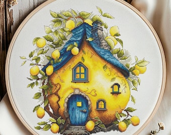 Schema punto croce Fairy House Lemon - Disegno ricamo fai da te. PDF digitale. Ricamo Magic Fairy Garden - Schema ricamo a tema limone