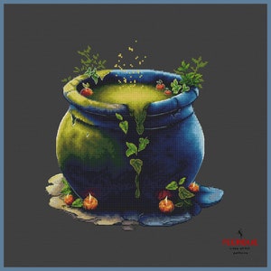 Fancy Cauldron of Witch Potion - DIY Cross Stitch Pattern for Halloween Decor, digital PDF, Saga, modern embroidery scheme, Witch&#39;s workart