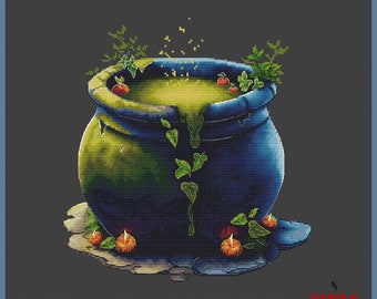 Fancy Cauldron of Witch Potion - DIY Cross Stitch Pattern for Halloween Decor, digital PDF, Saga, modern embroidery scheme, Witch's workart