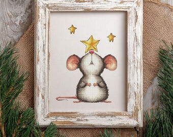 Christmas mouse and stars. Holiday tree decorations. Digital PDF, Saga