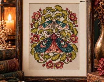 Moth Cross Stitch Pattern PDF, Nocturnal Herbarium, Botanical Embroidery, Gothic Cottagecore