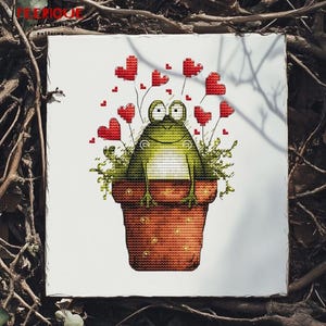 Valentine Frosch Kreuzstich Muster, wunderliche Stickerei, Liebe Herz, kleine moderne PDF Chart