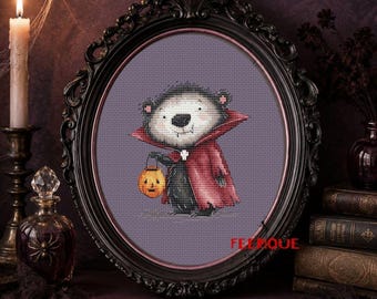 Vampire Bear Cross Stitch Pattern PDF, Whimsical Halloween Embroidery, Spooky Woodland Animal
