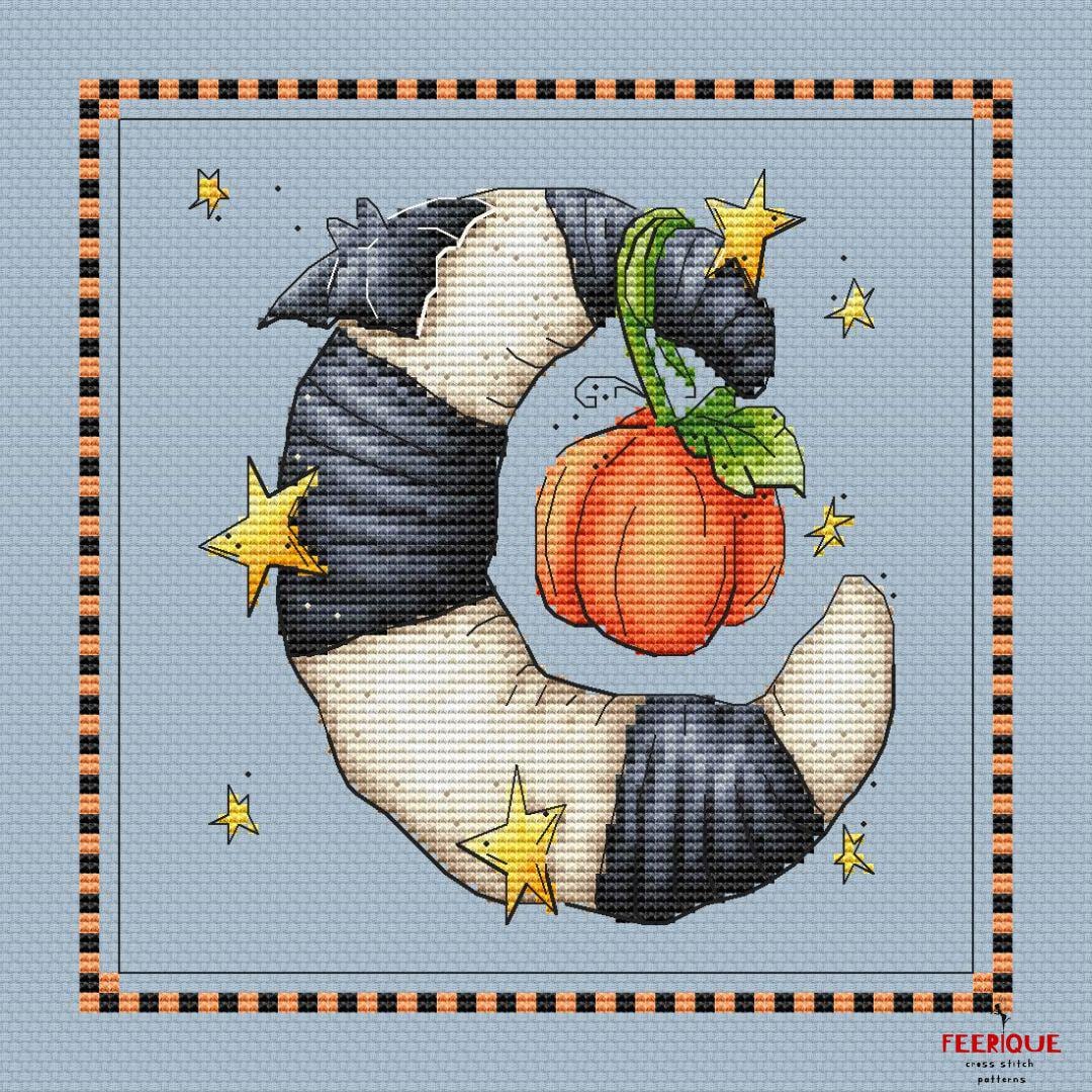 Halloween Moon Cross Stitch Pattern: Spooky Pumpkin & Stars Embroidery ...