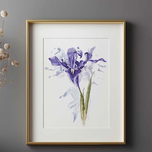 Patrón de punto de cruz Iris estilo acuarela. Elegante diseño de bordado floral. PDF digital. Gráfico de bordado Beauty Iris. Delicado arte floral.