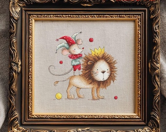 Patrón de punto de cruz de león en PDF – Lindo bordado de animal de circo, gráfico para decoración de guardería, diseño infantil original, idea de regalo para bebé