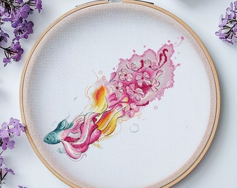 Patrón de punto de cruz de peces de acuarela - Diseño de bordado de bricolaje náutico, esquema de bordado moderno, saga digital PDF, arte acuático de flores de peces koi