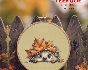 Patrón de punto de cruz "Hola Otoño" – Lindo erizo bordado en PDF – Animal encantador. Diseño acogedor.
