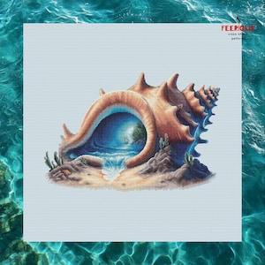 May include: A cross-stitch pattern depicting a large, detailed seashell with a coastal scene inside. The shell is primarily orange and brown, with a blue and white ocean view visible within. The text "FEERIQUE cross stitch patterns" is in the upper right corner.