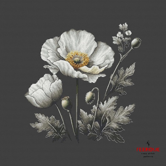 White Poppies Botanical Drawing Cross Stitch Pattern - Floral Embroidery Design. Digital PDF, Saga, modern home decor, needlework scheme