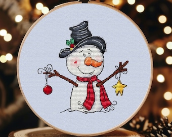Snowman cross stitch pattern, New Year digital PDF,  Christmas x-stitch embroidery scheme, Saga, Winter design, small cross stitch pattern