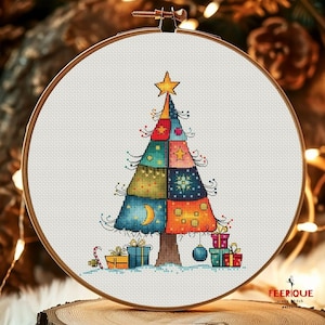 May include: A colorful patchwork Christmas tree with a star on top, surrounded by presents and a candy cane. The tree is on a white background.