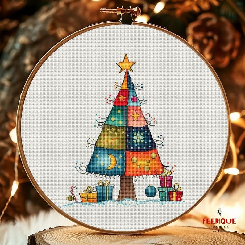 May include: A colorful patchwork Christmas tree with a star on top, surrounded by presents and a candy cane. The tree is on a white background.