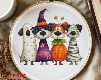 Wzór haftu krzyżykowego na Halloween z psami – Zabawne kostiumy szczeniaków do haftu w formacie PDF – Duch, czarownica, dynia, mumia – Jesienne dekoracje DIY