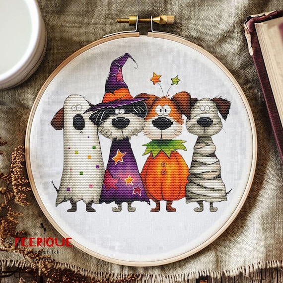 Halloween Dogs Cross Stitch Pattern – Funny Puppy Costumes Embroidery PDF – Ghost, Witch, Pumpkin, Mummy – DIY Fall Decor