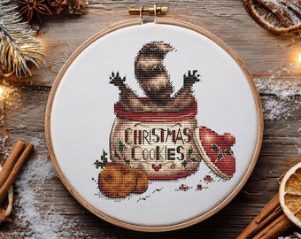 Christmas Cross Stitch Pattern PDF, Funny Raccoon in Cookie Jar, Whimsical Holiday Embroidery