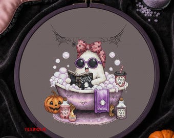 Spooky Relax Cross Stitch Pattern, Halloween Ghost Spa PDF, Cute Bathtub Embroidery Chart, Funny Bathroom Decor