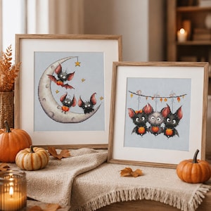 Halloween korsstygnsmönsterset, söta fladdermöss PDF-paket, måne- och pumpabroderi, läskig höstdekoration, 2 mönster