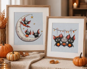 Halloween Cross Stitch Pattern Set, Cute Bats PDF Bundle, Moon and Pumpkin Embroidery, Spooky Autumn Decor, 2 Patterns