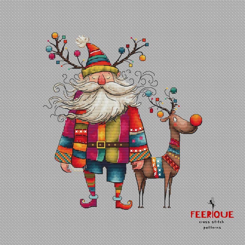 May include: A colorful cross stitch pattern featuring a whimsical Santa Claus with a long white beard and a reindeer with a red nose. The Santa Claus is wearing a red, yellow, and blue patterned jacket and a colorful scarf. The reindeer is wearing a colorful patterned scarf. The pattern is titled "FEERIQUE cross stitch patterns".