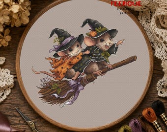 Witchy Express Cross Stitch Pattern, Halloween Mice PDF, Cute Witch Mouse Embroidery, Autumn Broom Digital Download