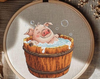 Cross Stitch Pattern Whimsical Pig for Bath Time Fun. Digital PDF. Cute Embroidery Chart: Playful Pig in Barrel Design. Funny piggi in vat