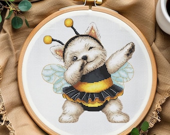 Wzór haftu krzyżykowego dla psa, Westie, West Highland White Terrier, cyfrowy PDF SAGA, schemat haftu krzyżykowego, Pszczoła, zabawny, słodki pies