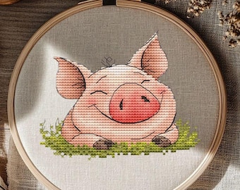 Cross Stitch Pattern Funny Piggy Resting on Grass - DIY Embroidery Project. Digital PDF. Whimsical Piggy Design - Cute Animal on Green Grass