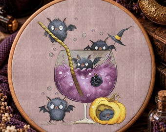 Cute Halloween Cross Stitch Pattern, Bats & Witch Potion PDF, Spooky Pumpkin Embroidery Chart, Witchy Gothic Decor