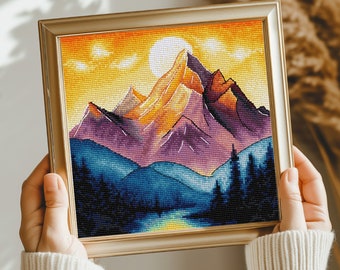 Mountain Landscape Cross Stitch Pattern with Sunset, digital PDF Saga, embroidery scheme, DIY, scenic sunset cross stitch design