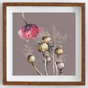 Modernt vallmokorsstygnsmönster - blommig akvarell broderidesign, digital PDF, Saga, DIY-handarbete vårblommor, vallmo