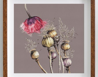 Modern Poppy cross stitch pattern - floral watercolor embroidery scheme design, digital PDF, Saga, DIY needlework spring flowers, poppies