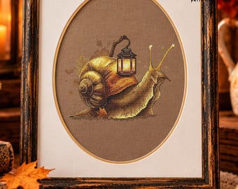 Snail Cross Stitch Pattern PDF, Fantasy Lantern, Autumn Embroidery, Whimsical Cottagecore Decor