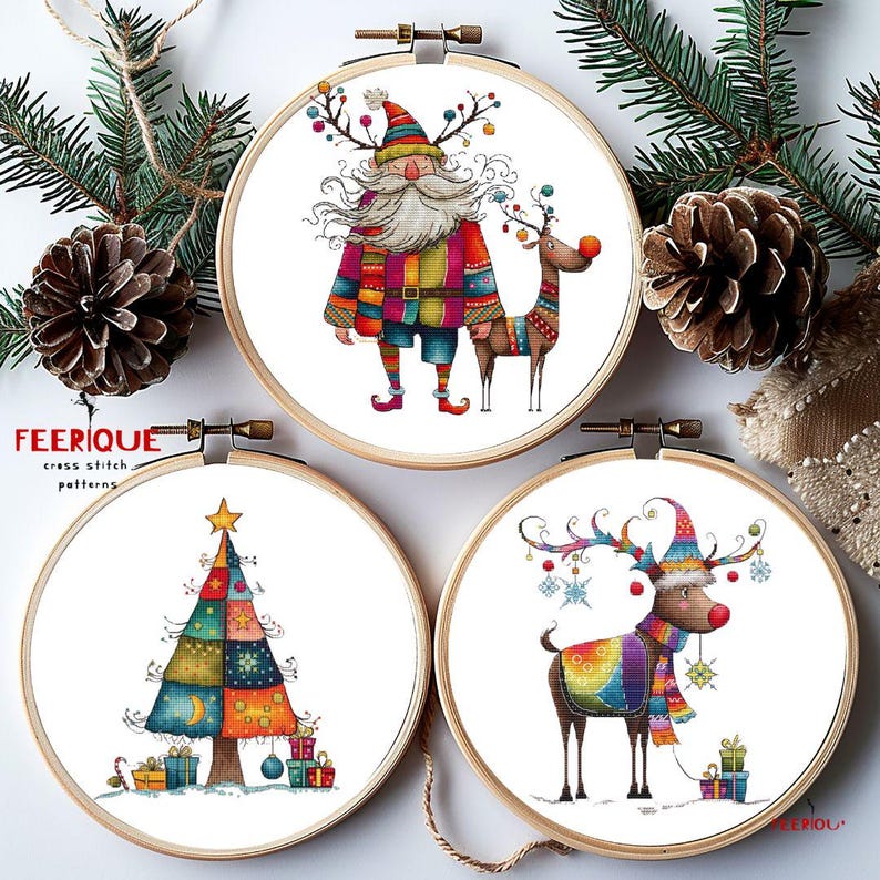 May include: Three embroidery hoop patterns featuring a colorful Christmas tree, a reindeer with a scarf and a Santa Claus with a reindeer. The patterns are on white fabric and are ready to be stitched.