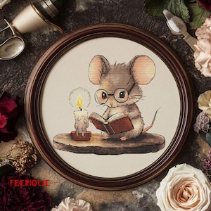 May include: A brown mouse wearing glasses sits on a wooden surface and reads a book by candlelight. The mouse is surrounded by a white background.