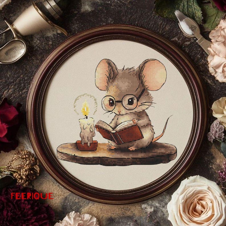 May include: A brown mouse wearing glasses sits on a wooden surface and reads a book by candlelight. The mouse is surrounded by a white background.