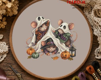 Halloween Mice Cross Stitch Pattern, Cute Ghost Mouse Embroidery, Spooky Pumpkin Autumn PDF Chart