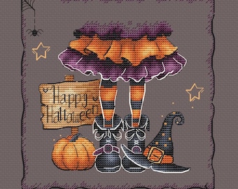 Wzór haftu krzyżykowego „Halloween Witch” – dynia, kapelusz i napis w formacie PDF – upiorny i uroczy jesienny wystrój – pobierz jesienny haft DIY