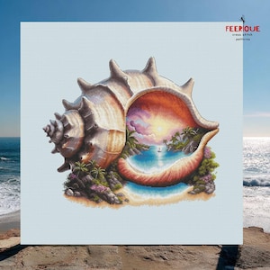 Op de afbeelding: Kruissteekpatroon met een gedetailleerde zeeschelp met een tropische strandscène erin. De schelp is beige en bruin, met een zonsondergang boven de oceaan zichtbaar. De tekst "FEERIQUE cross stitch patterns" staat rechtsboven.