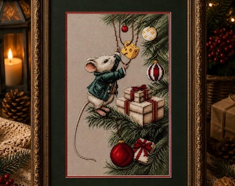 Christmas Mouse Cross Stitch Kit, Cute Holiday Embroidery, Christmas Tree Needlework, Festive Mouse Decor, Winter Stitching Gift