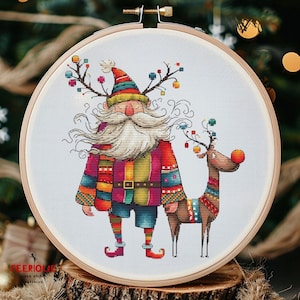 May include: A colorful cross-stitch pattern featuring a whimsical Santa Claus with a long white beard and a reindeer with a red nose. The Santa Claus is wearing a multi-colored sweater and pants, and the reindeer is wearing a colorful patterned scarf. Both figures have antlers adorned with colorful ornaments.