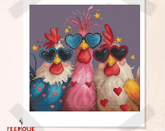 Besties Cross Stitch Pattern | Funny Chickens with Glasses | PDF Download. Besties Chicken Chart. Whimsical Design. Comedy Farm Friends