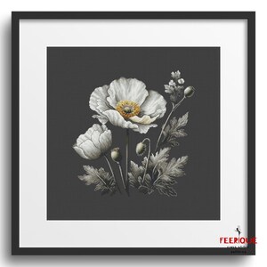 Pu&ograve; includere: Un fiore di papavero bianco con un centro giallo su uno sfondo grigio scuro. Il fiore &egrave; circondato da foglie verdi e boccioli.