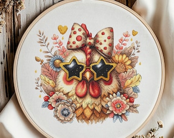 Humorous Hen cross stitch pattern digital PDF Saga, unique craft scheme chiken for bird lovers, embroidery, modern design,  farmhouse decor